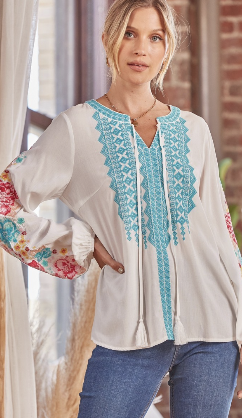 aqua embroidered rosette blouse — Dale Michele